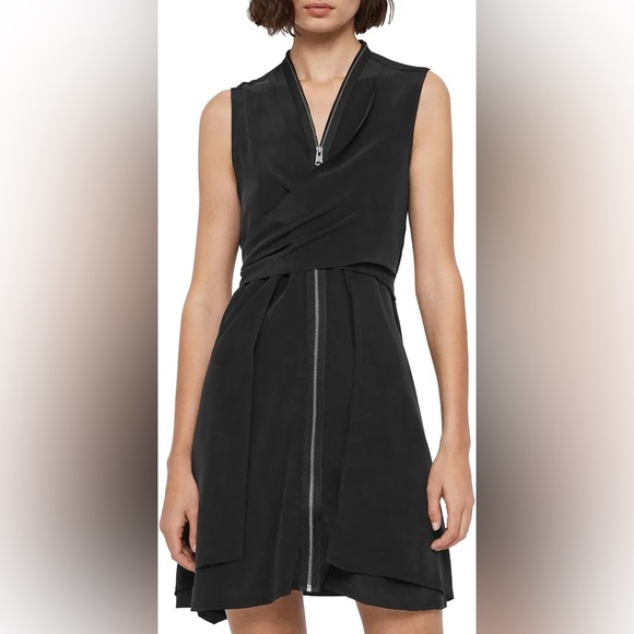 ALLSAINTS Jayda Black Silk Sleeveless Zip Front Asymmetrical Dress Size L - Picture 6 of 12